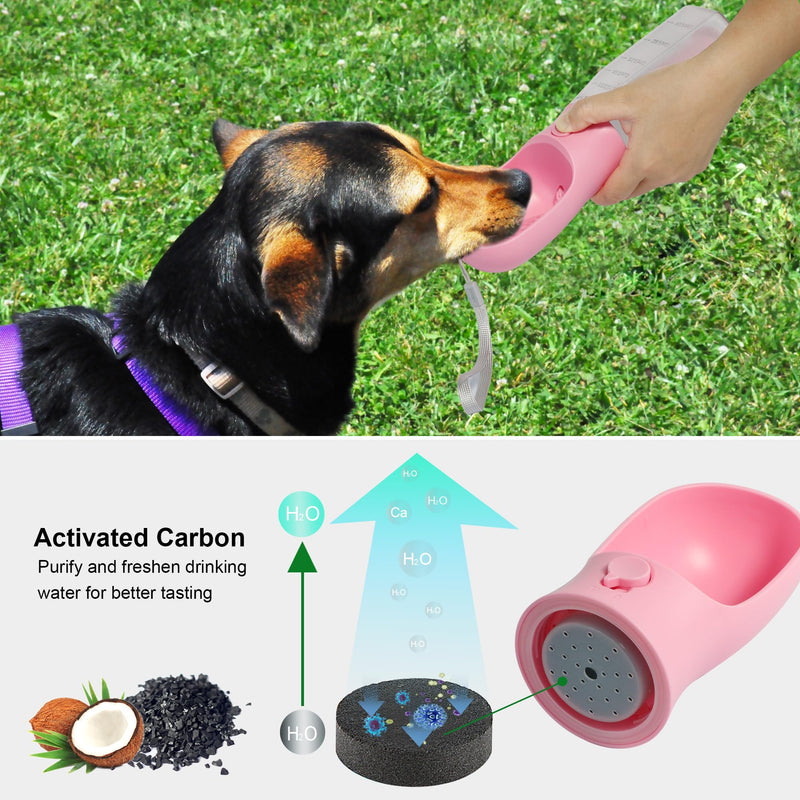Dog Water Bottle with Filter, Portable Travel Dog Water Dispenser with Food Container & Dog Poop Bags Rolls, Leak Proof, Machine-Wash, Food Grade Plastic - Cycling & Long Flight (Pink, 20 oz) Pink - BeesActive Australia