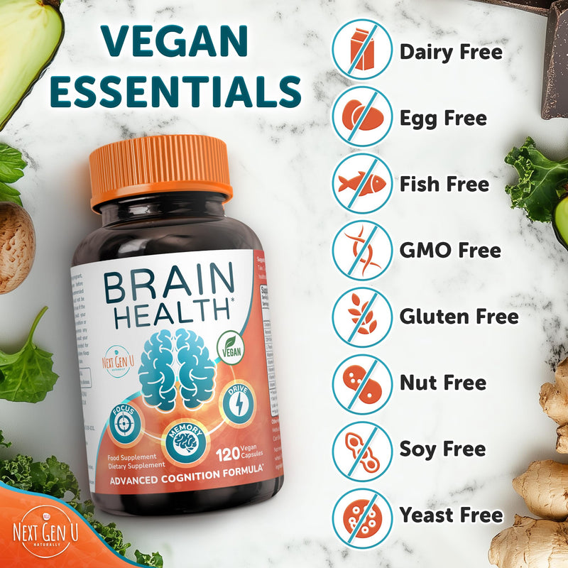 Brain Supplement - 120 Vegan Capsules - Dietary Nootropic May Help Memory, Cognitive Function & Focus - Formulation with Amino Acids, Polyphenols & B Vitamins - for Women, Men & Seniors - by NextGenU