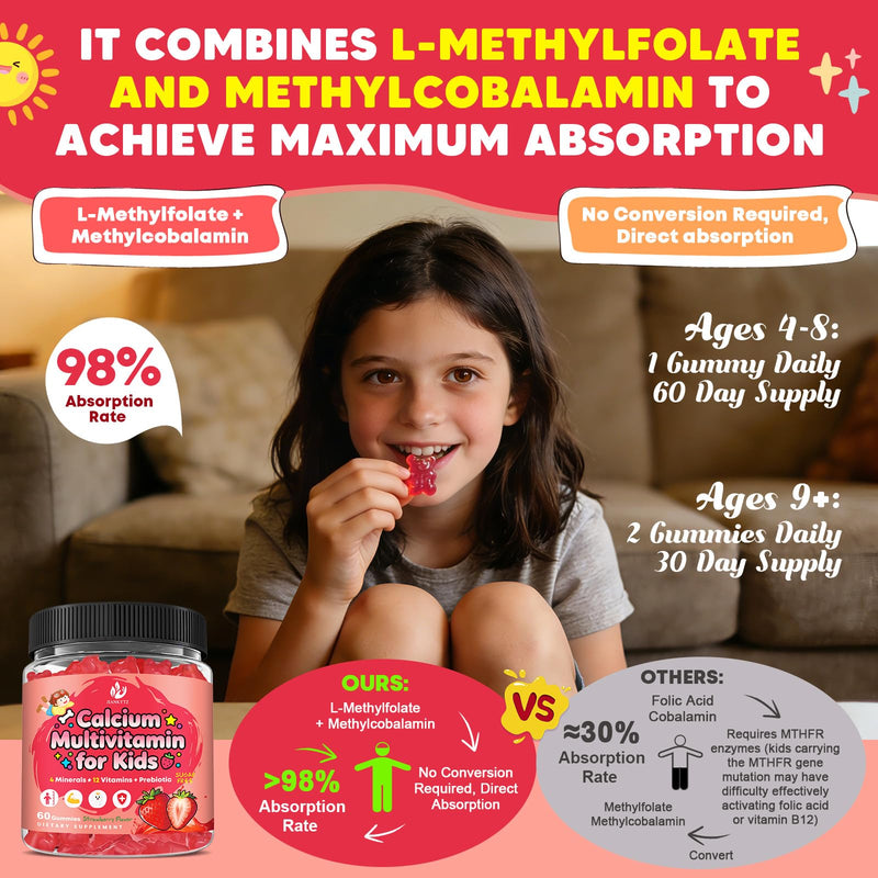 (2 Pack) Sugar Free Calcium Multivitamin Gummies for Kids with Methyl B12 & Methylfolate, Calcium, Vitamins C, D, A, B1, B2, B6, Biotin, Magnesium - Nutritional, Immune, Bone Support, 120 Ct 60 Count (Pack of 2)