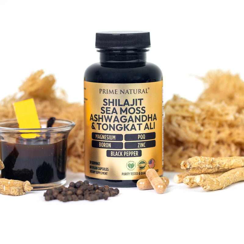 Shilajit 10,000mg, Irish Sea Moss 2000mg, Ashwagandha 3000mg, Tongkat Ali 30,000mg, Boron, Magnesium, PQQ & More | 60 Capsules - 30 Days Supply| Fulvic Acid Veg Capsules| Vegan| Gluten Free | Non-GMO - BeesActive Australia