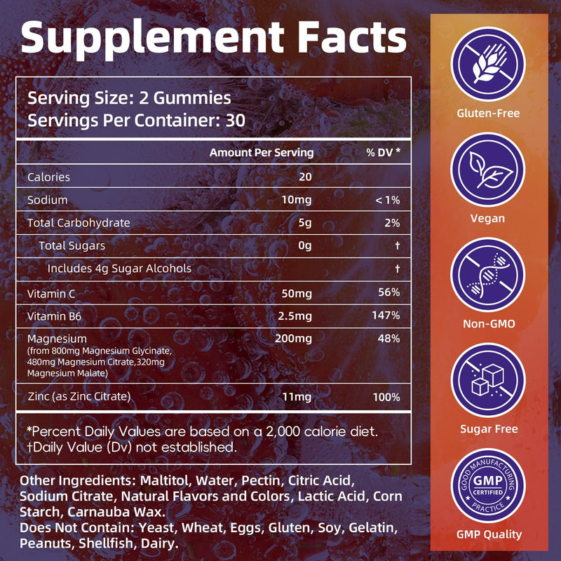 Magnesium Glycinate Gummies, 60 Count | Sugar Free Magnesium Glycinate, Citrate, Malate Blend Gummies for Adults with Vitamin C, B6, Zinc, Vegan