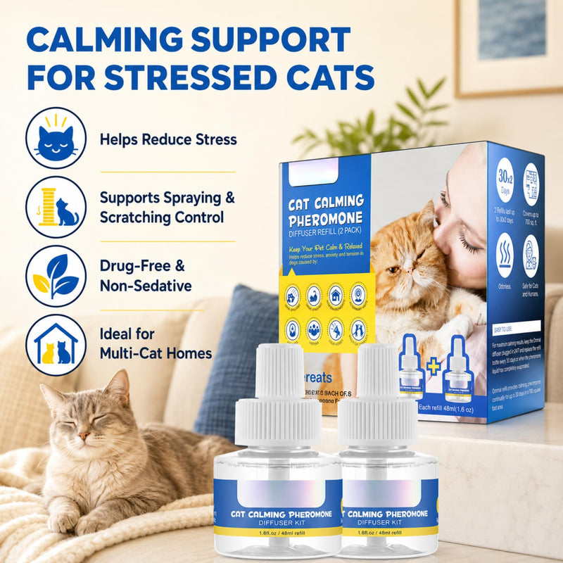 Cat Calming Pheromone Diffuser Refill 48ml (2 Pack) – 30 Day Drug Free Stress Relief for Cats, Multi Cat Homes, Scratching & Spraying Support