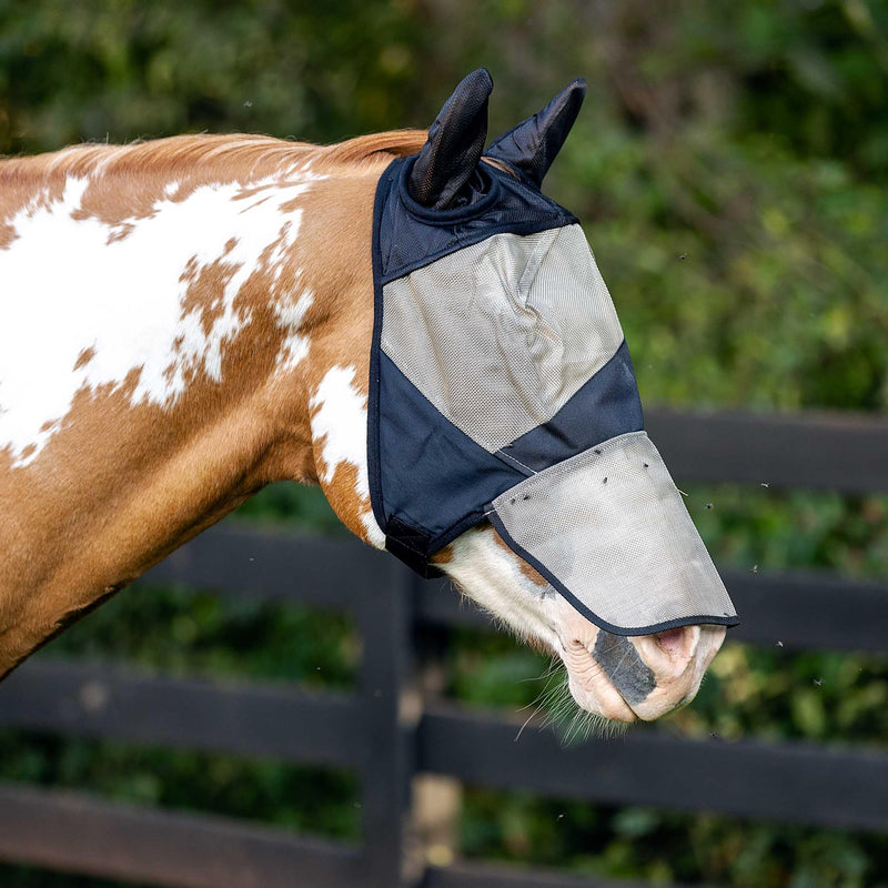 HORZE Horse Fly Mask with Long Nose Cover and Ears | Full Coverage UV Protection - Durable Micro Mesh Cob Light Brown/Black - BeesActive Australia