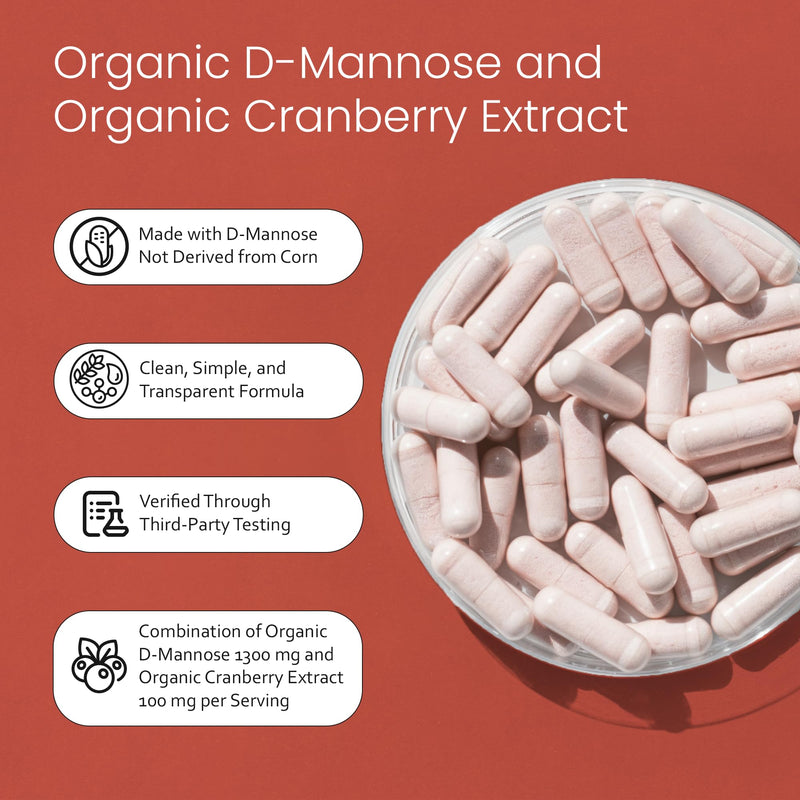 NaturaLife Labs Organic D-Mannose 1300 mg with Organic Cranberry Extract 100 mg per Serving – 100 Capsules – Non-GMO, Gluten-Free, Vegan 1 - BeesActive Australia