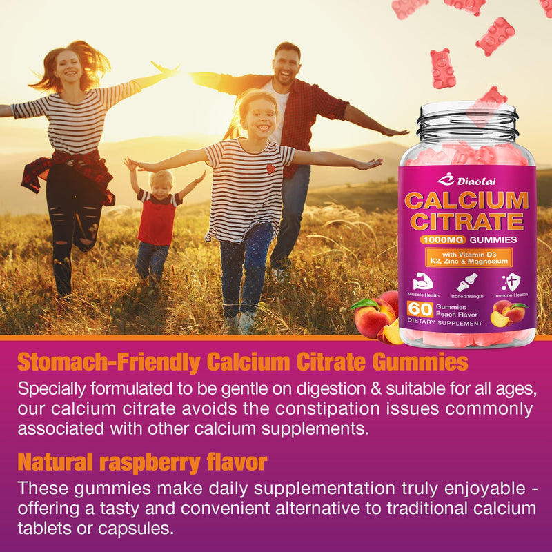 2 Pack Calcium Citrate Gummies - 1000mg per Serving - Supports Bone & Teeth Health with Vitamin D3 & K2 - Delicious Peach Flavor - Non-GMO, Gluten-Free - 120 Gummies 2 Pack