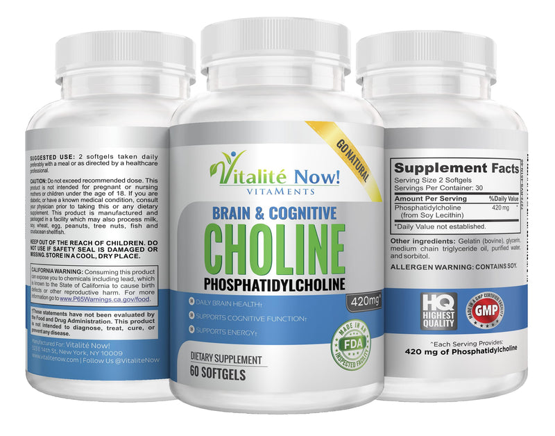 Vitalité Now! Choline Phosphatidyl, High Potency, Phosphatidylcholine 420mg | Phospholipid, Pregnancy Support, Mental Clarity, Energy, Liver, Brain, & Cognitive Health, Softgels, Non-GMO, Made in USA