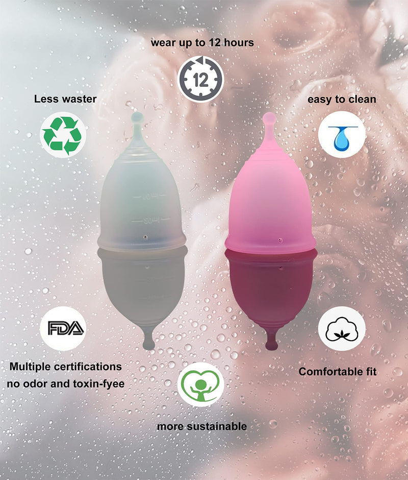 Menstrual Cups with Collapsible Storage Cup, Leak-Proof Design with Medical Grade Silicone Period Cups Reusable, Tampon and Pad Alternative,for Light Flow and Heavy Flow Large+Small Large+ Small Purple+pink