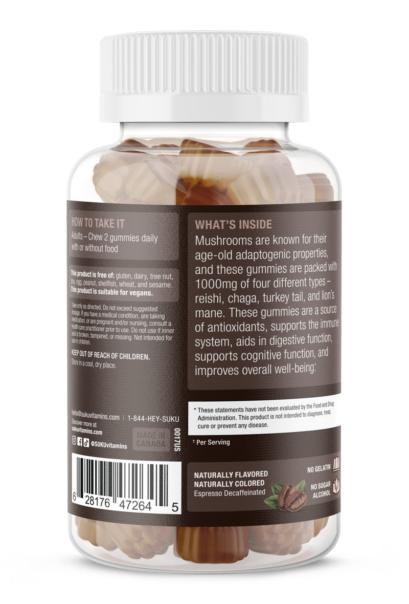 SUKU Vitamins - Super Mushroom -Reishi Chaga, Turkey Tail & Lions Mane Blend Gummies for Immunity - Easy to Chew - Non GMO, Gluten Sugar Free - Espresso Decaffeinated Flavored Gummy Vitamins, 50 Count
