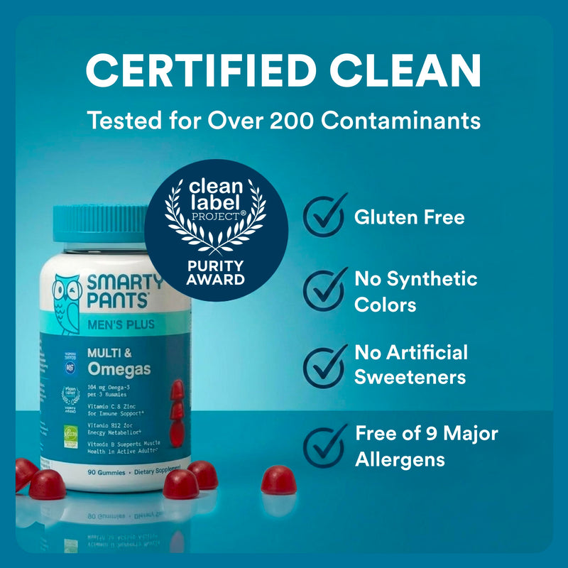 SmartyPants Men's Multivitamin Gummies with Omega 3 DHA/EPA, Methylfolate, Vitamin D3, C, B12, B6, A, K, Zinc, Raspberry Lemonade Flavor, 90 Count (30 Day Supply) Multi + Omega