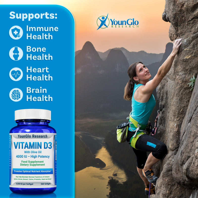 Vitamin D3 4000 IU Dietary Supplement - 360 Softgels - Bone & Immune Health | YounGlo Research GMP-certified, easy-to-swallow Vitamin D3 w/ olive oil promotes calcium absorption, bone strength & immunity