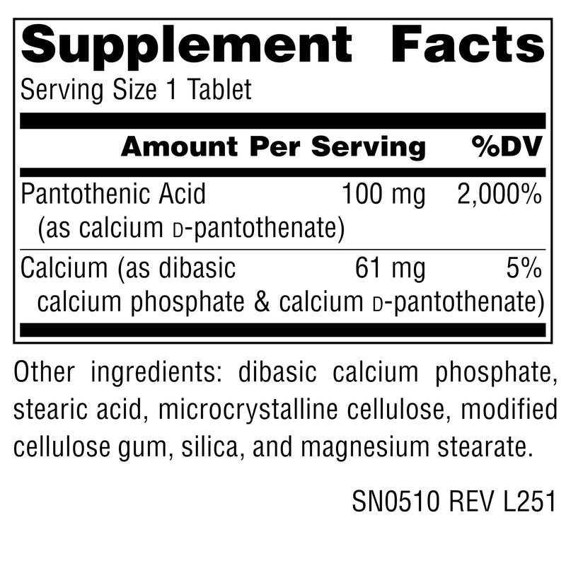 Source Naturals Pantothenic Acid, 100 mg -250 Vegan Tablets | Vitamin B-5 | Non-GMO Validated* 250 Count (Pack of 1)