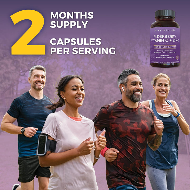 Viva Naturals Elderberry with Vitamin C and Zinc, 120 Capsules - 1000mg Sambucus Elderberry per Serving Immune Support Supplement, Black Elderberry Capsules for Adults, Elderberry Vitamins 120 Count (Pack of 1)