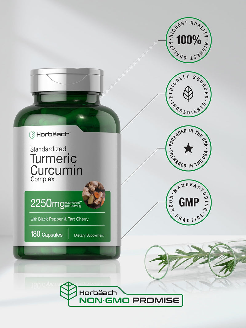 Horbäach Turmeric Supplement with Black Pepper 2250mg | 180 Capsules | with Bioperine & Tart Cherry | Non-GMO, Gluten Free Supplement - BeesActive Australia
