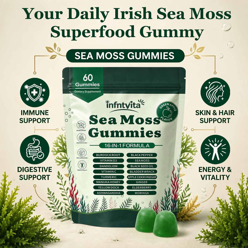 Sea Moss Gummies 16-in-1 with Ashwagandha, Black Seed Oil, Ginger, Turmeric, Manuka Honey, Black Pepper, Moringa, Elderberry–Daily Wellness & Immune Support–Apple Flavor, 60 Gummies
