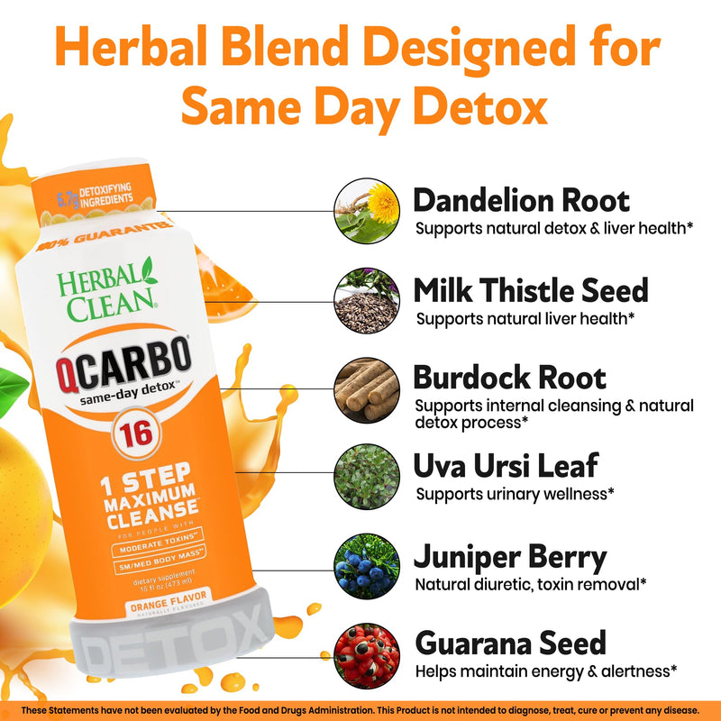Herbal Clean Qcarbo16 Same-Day Detox Cleanse Drink (16 fl oz) - Orange Flavor Full Body Cleanse* Detox Drink for Moderate Toxin Level*, Vitamin B2 and Vitamin B12 for Men & Women