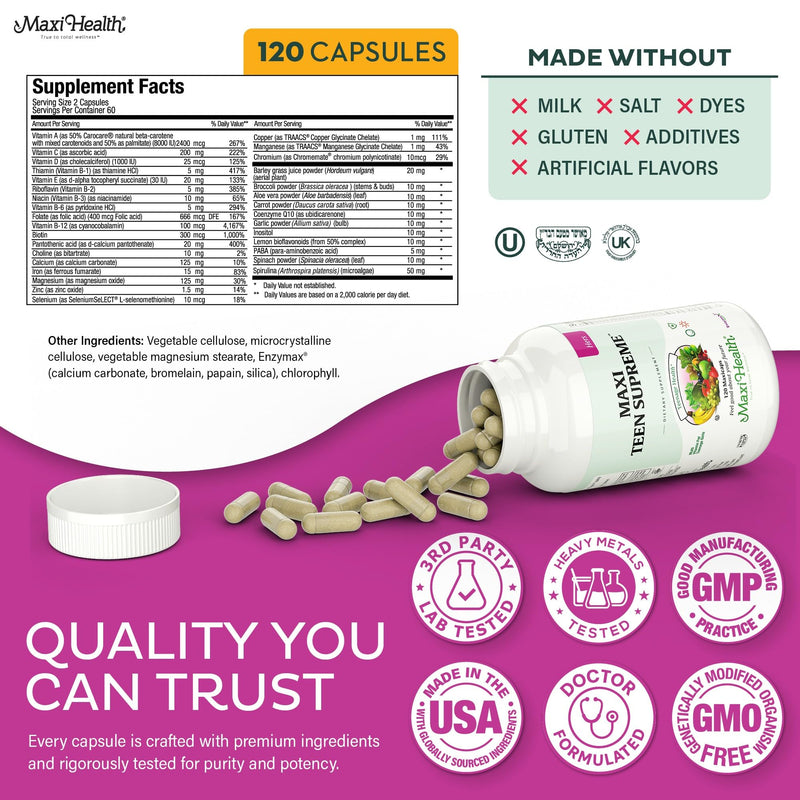 Maxi Health® Teen Vitamins for Girls 12-17, Teen Multivitamin (120 Count) | D3, Iron, Calcium, Biotin & Zinc | Skin, Immune & Mood Support | Kosher | Non-GMO | Doctor Formulated