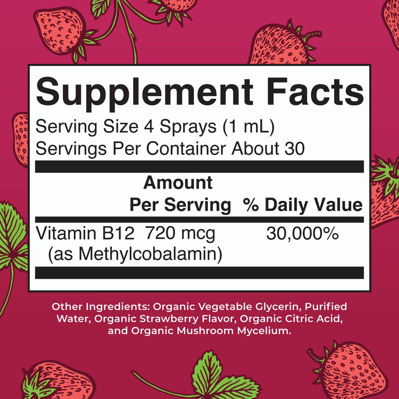 MARYRUTH'S Vitamin B12 Liquid Spray | Vegan, Non-GMO, Gluten-Free | USDA Organic Supplement | Energy & Nervous System Support | B12 Vitamins for Women & Men | 720 mcg | 1 Fl Oz Strawberry 1 Fl Oz (Pack of 1)