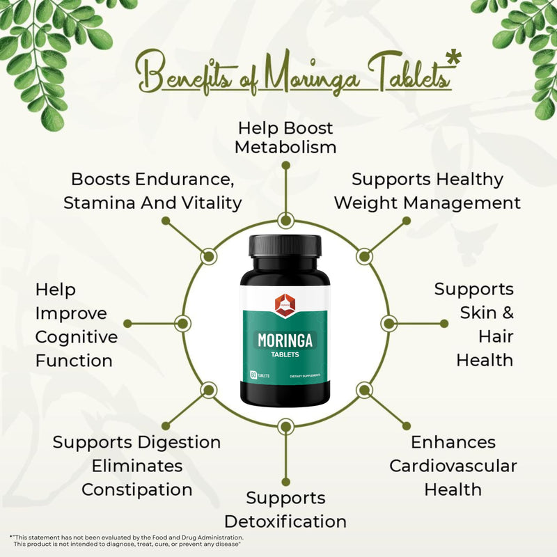 Moringa Tablets | 1000mg Organic Moringa Oleifera Leaf Powder | Natural Herbal Supplement | Vegan | Non-GMO | 60 Tablets