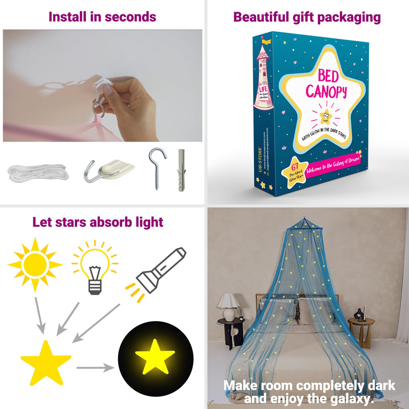 Blue Canopy for Girls Bed with Pre-Glued Glow in The Dark Stars - Princess Mosquito Net Room Decor - Kids & Baby Bedroom Tent with Galaxy Lights - 1 Opening Canopy Bed & Hanging Kit Included Stars Yellow - Blue Netting - BeesActive Australia