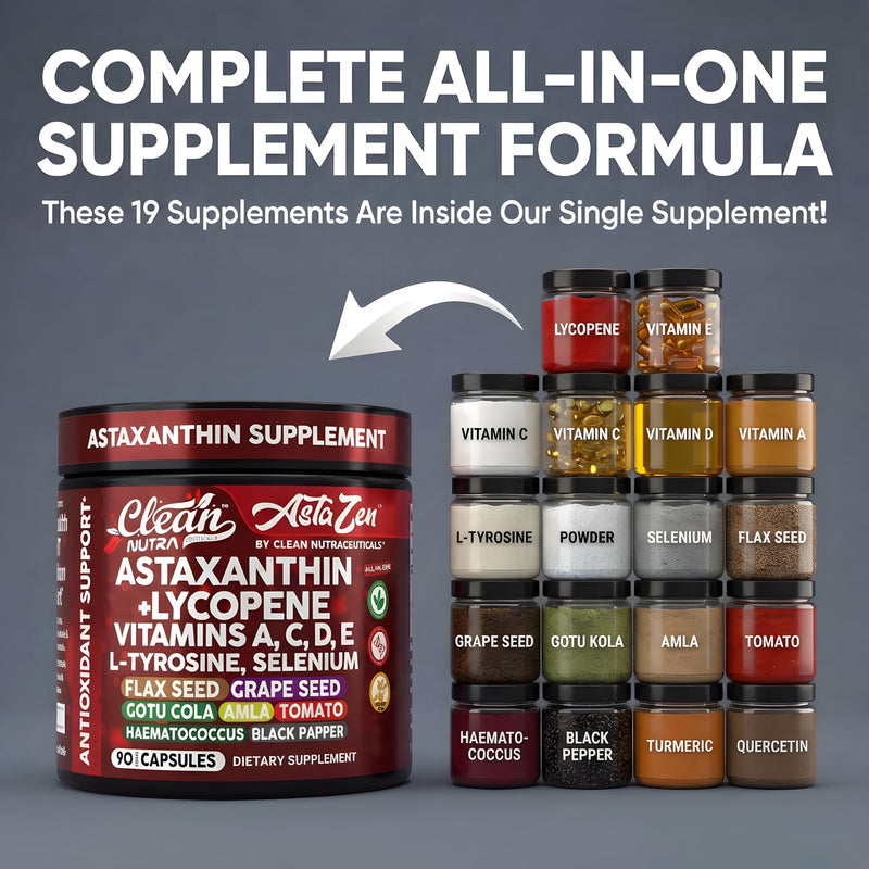Clean Nutra Astaxanthin 12mg Lycopene Supplement with Vitamin A C D3 E, L-Tyrosine, Selenium, Flax, Grape Seed, Gotu Kola, Amla, Black Pepper, 90 Complex Veggie Capsules
