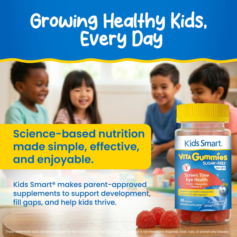 KIDS SMART Screen Time Eye Health Lutein Gummies, Vision Support, Kids 3+ | Lutein, Zeaxanthin + Vitamin A, Sugar-Free Vegan Gummies, Filters Blue Light from Screens, Supports Vision & Eyes, 30 Count