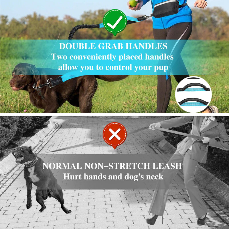 Hands Free Dog Leash with Zipper Pouch, Dual Padded Handles Running Leash for Medium and Large Dog, Retractable Bungee Waist Dog Leash for Walking Hiking Running Black - BeesActive Australia