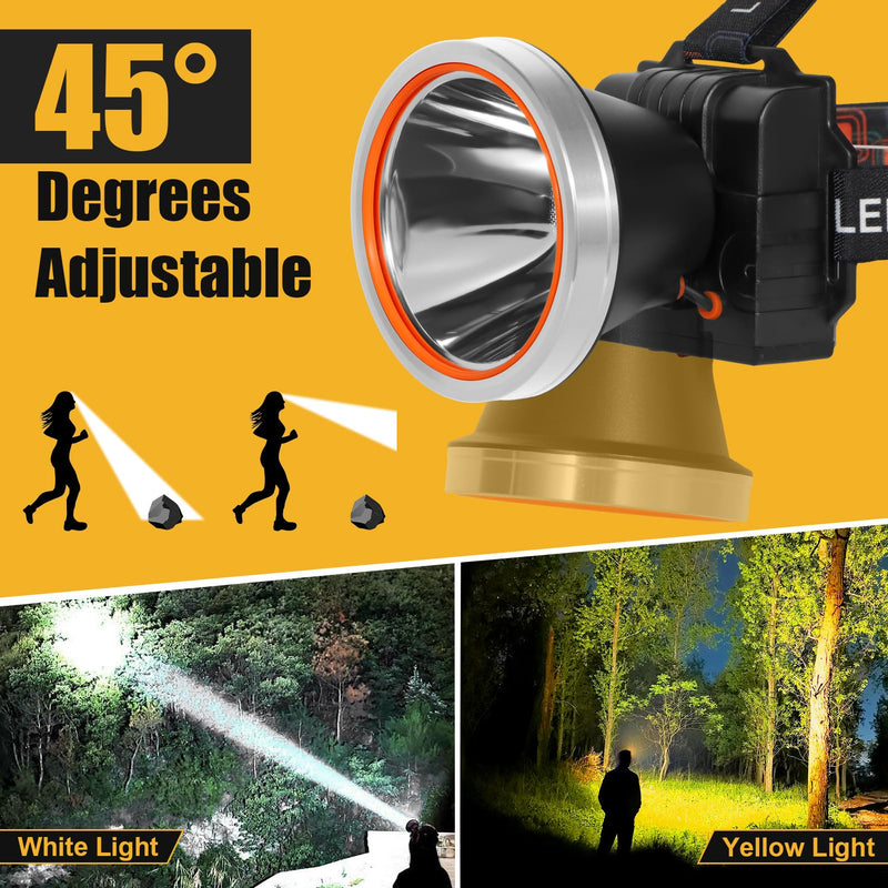 Kitness Ultra-Bright LED Headlamp,High Power Rechargeable Waterproof Headlight with 2 Light Modes for Outdoor Activities,Perfect for Camping, Hiking, Running, Emergencies (Silver Style-Yellow Light) Silver Style-Yellow Light