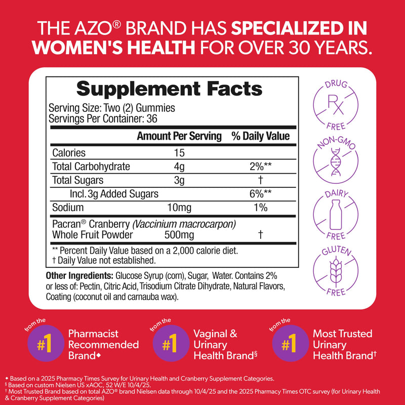 AZO Cranberry Urinary Tract Health Gummies Dietary Supplement, 2 Gummies = 1 Glass of Cranberry Juice, Helps Cleanse & Protect, Natural Berrylicious Flavor, Non-GMO, 72 Gummies 72 Count (Pack of 1) - BeesActive Australia