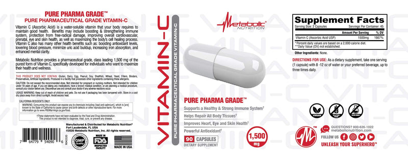 Metabolic Nutrition Vitamin C, 1500mg, Pure Pharma Grade, High Absorption Ascorbic Acid Capsules (90 caps) 1 Count (Pack of 90)