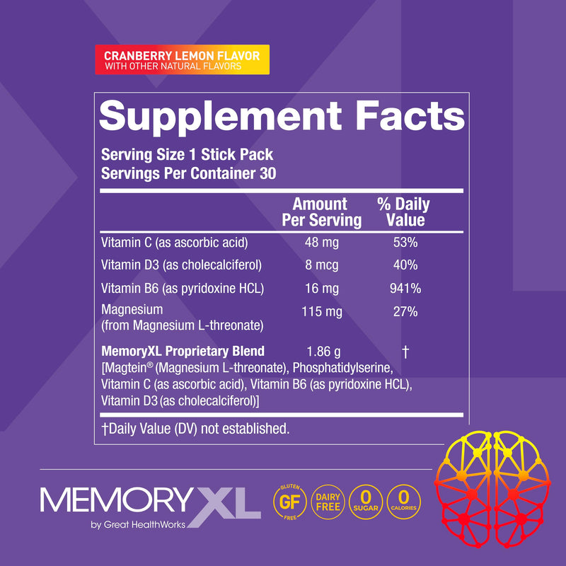 MemoryXL Brain Supplement for Memory & Focus, Cranberry Lemon, 30 Count | Improves Memory Focus Attention Learning & Logic with Magnesium L-Threonate, Magtein® & Vitamin Mix - 0 Sugar, 0 Calories