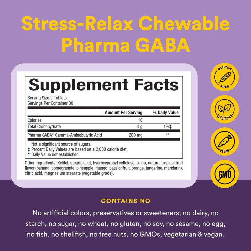 Natural Factors Pharma GABA - Dietary Supplement Supports Calm Sleep & Sleep Quality - Natural, Fast-Working Supplement Aids Focus & Brain Health - 60 Chewable Tablets (30 Servings) Tropical Fruit 60 Count (Pack of 1)