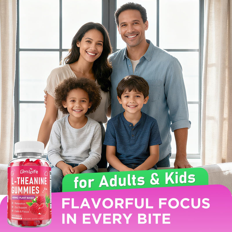 L-Theanine Gummies for Kids & Adults, L'Theanine 400mg with Ashwagandha, GABA, 5HTP, L Theanine Supplement for Calm, Zzz & Relaxation Support, Raspberry Flavor, 60 Counts 60 Count (Pack of 1)