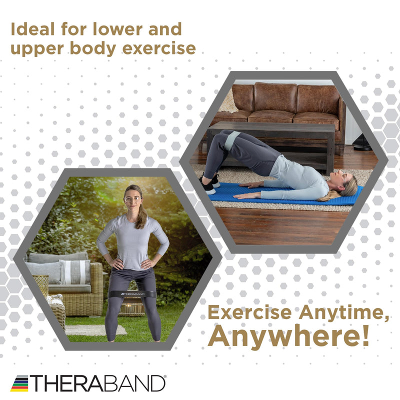 THERABAND Professional Resistance Band Loops Durable Resistance for Strength and Flexibility Exercises, Pilates, Yoga, Stretching, and Physical Therapy, 18" Continuous Loops (Black, Silver, Gold) Set of 3 – Advanced Levels 18"