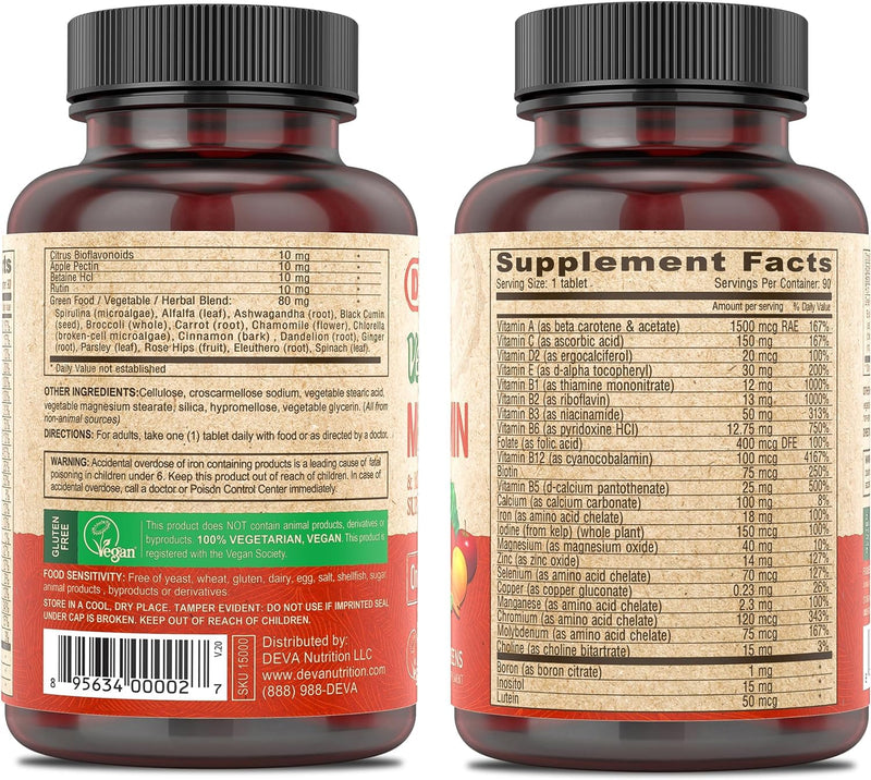 DEVA Vegan Multivitamin & Mineral Supplement with Iron 2-Pack, Spirulina, Chlorella, Ashwagandha, Broccoli & More, 90 Coated Tablets Each 90 Count (Pack of 2)
