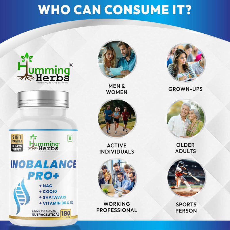 Humming Herbs Inobalance Pro+ — Myo-Inositol, NAC, CoQ10, Shatavari, Zinc, L-Methylfolate, Vitamin B6 & D3 — 922 mg per Serving — 180 Veg Capsules (180) 180 Count (Pack of 1)