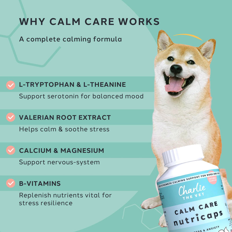CharlieTheVet Calm Care, Salmon Flavour, Pet Calming Supplement, Capsules, Dogs & Cats, L-Tryptophan, L-Theanine, Valerian Root, 50 Capsules, Anxiety & Stress Relief