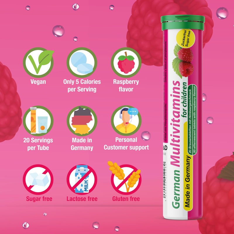 T&D German Multvitamin for Children 8 Vitamins - 40 Vegan Drink Effervescent Tablets - Raspberry Flavor - Made in Germany | Boost kids' health with potent, plant-based, fast-dissolving, immune-supporting effervescent multivitamins! 40 Servings