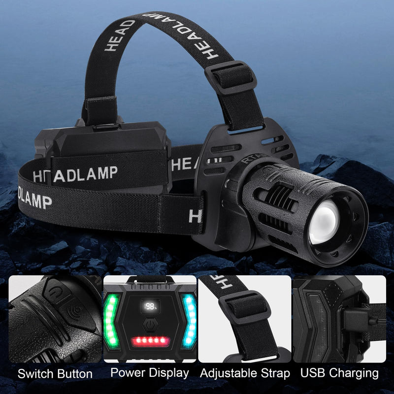 Headlamps USB Rechargeable LED Head Lamp, Multi-Color Lights, Wave Induction,Ultra Bright1000Lumen Headlamp,Zoomable, HeadLamps for Fishing Hiking Outdoors & Hard Hat Light Camping Gear