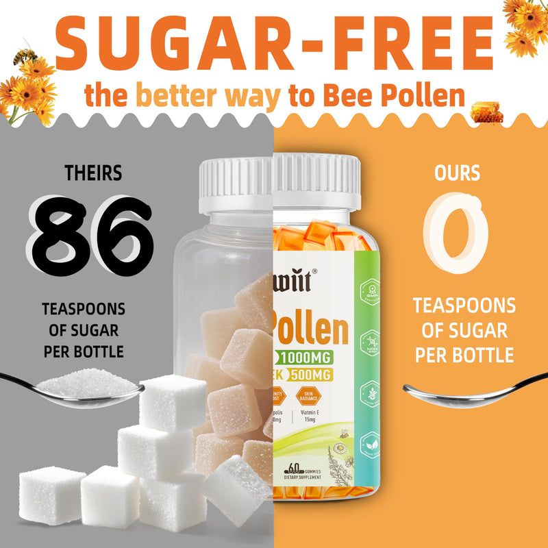 Bee Pollen 1000mg Sugar Free Gummies, w/Fenugreek, Royal Jelly, Propolis, Organic Bee Pollen Chewable Supplement for Women, Rich in Vitamin E, Immunity & Skin Care, 60 Counts 60 Count (Pack of 1) - BeesActive Australia