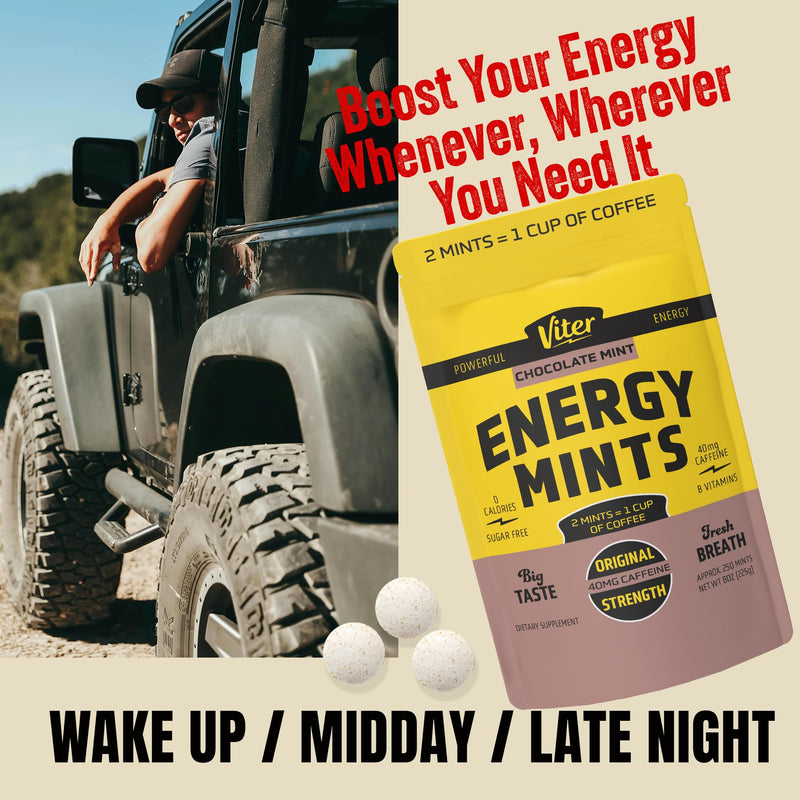 Viter Energy 40mg Caffeine Mints - Sugar Free, B Vitamins, Vegan, Boosts Fast Energized Alert Focus, Caffeinated Nootropic Supplement Pills (Chocolate Mint Flavor, 8oz, Bulk Bag) Chocolate Mint 250 Count (Pack of 1)