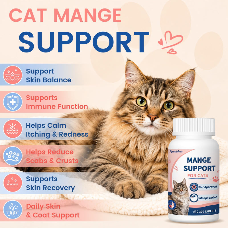 Mange Support for Cats – Supports Hair & Skin Health, Relief for Itchy Skin, Scratching, Scabs & Ears Care, Soothes Patchy Fur, Supports Scabby Cat, Safe for Feral & Stray Cats – 300 Pills