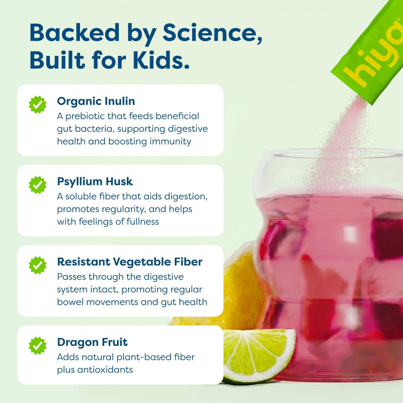 HIYA Kids Daily Fiber+ with Prebiotics, 12 Sticks, Island Punch Flavored | 10 Billion CFUs, Pediatrician Formulated, Non-GMO, No Dyes, No Gummy, for Ages 2+, Third-Party Tested, 0g Sugar