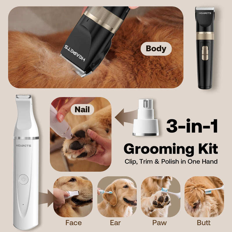 HEAPETS Dog Hair Clippers for Grooming Kit and Dog Paw Trimmer Nail Grinder for Grooming, Low Noise Rechargeable Cordless, Shaver Grooming Supplies for Pet Cats Dogs (Black, White) Black-white