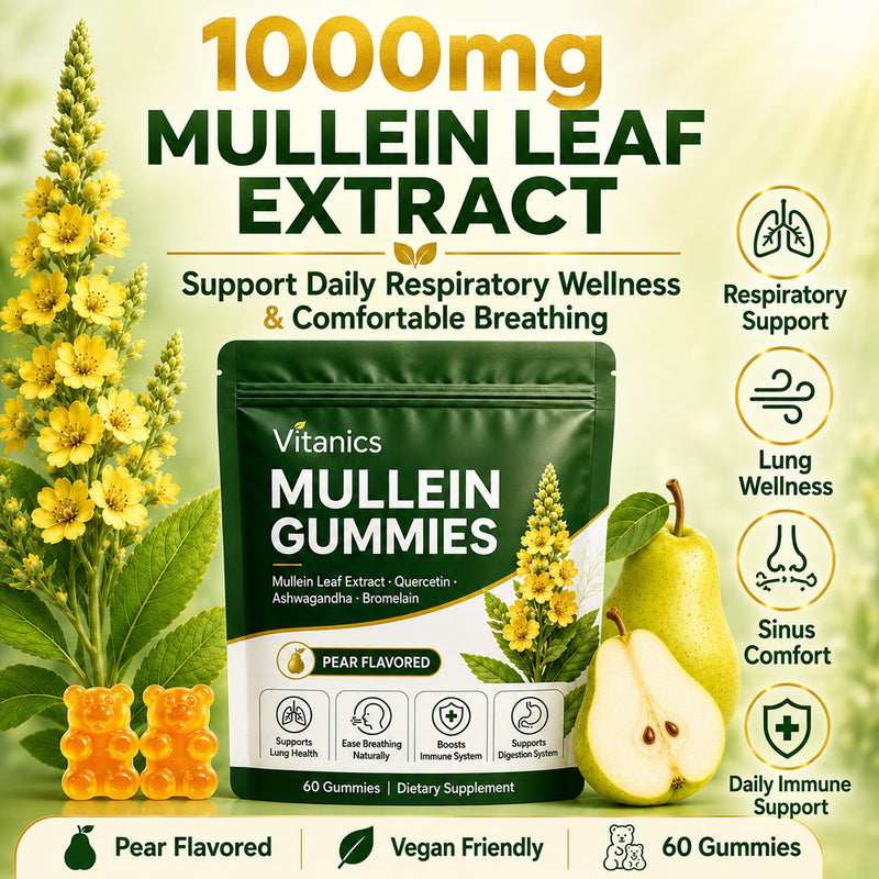 Vitanics Mullein Gummies, Mullein Leaf Extract for Lungs, Daily Respiratory Health Gummies with Quercetin, Ashwagandha, Bromelain & Vitamin D3, Lung Health & Sinus Relief, Pear Flavor, 30 Day Supply