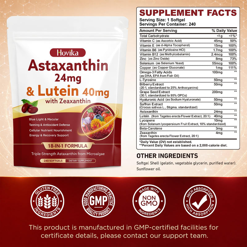 18-in-1 Astaxanthin 24mg & Lutein 40mg with Zeaxanthin Supplements, Fresh Microalgae Source with Lycopene, Grape Seed, Vitamin E, & More Supports Eye, Skin, Antioxidant, 8 Month Supply, 240 Softgels