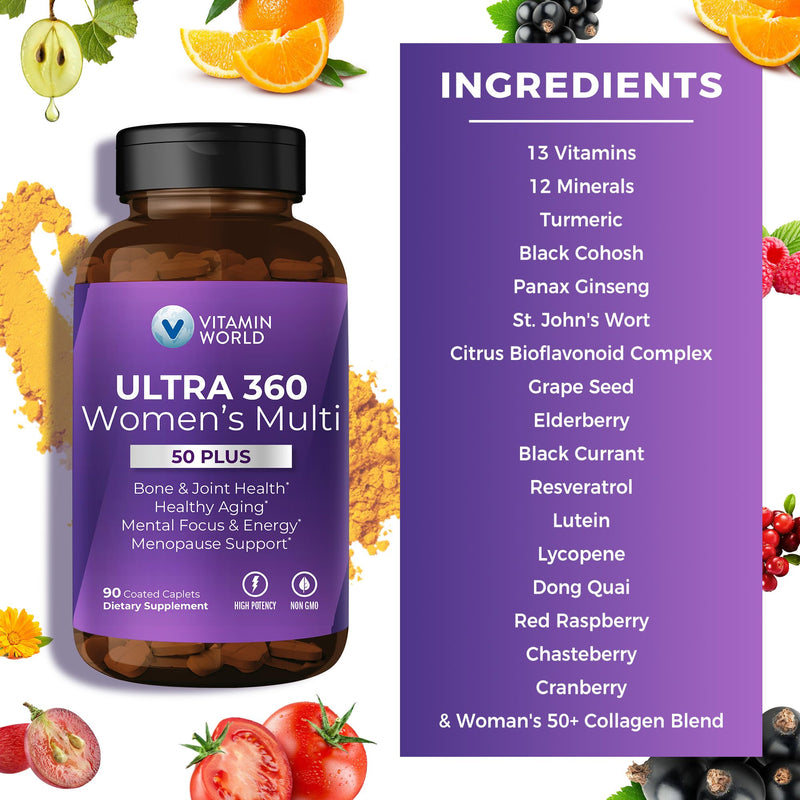 Vitamin World Ultra 360 Multivitamin for Women 50 Plus, Menopause Support | Women's 50+ Multivitamin with Minerals & Herbs, Vitamin B, D, E & Zinc for Healthy Aging, 90 Caplets 90 Count (Pack of 1)