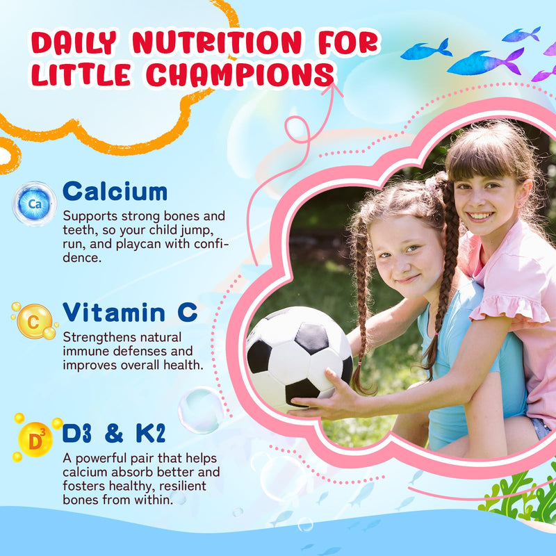 2 Pack Omega 3 Gummies for Kids, Sugar Free Children's Omega 3 Supplement with Calcium + Vitamin D3 K2 + C, Omega-3 DHA & EPA for Brain & Immune Support, Vegan Fish Oil Alternative, 120 Count 120 Count (Pack of 1)