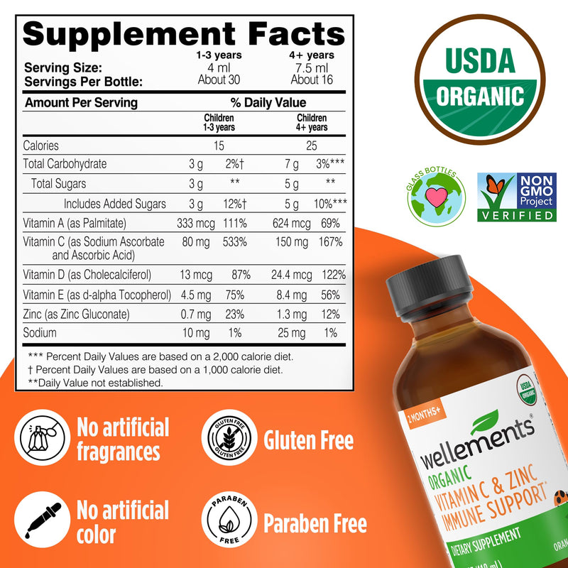 Wellements Organic Kids Immune Support* Syrup Vitamin C & Zinc 2 Months+ | Immune Support* for Kids & Toddlers, Orange Flavor | Free from Dyes, Parabens & Top 9 Most Common Allergens (4 Fl Oz)