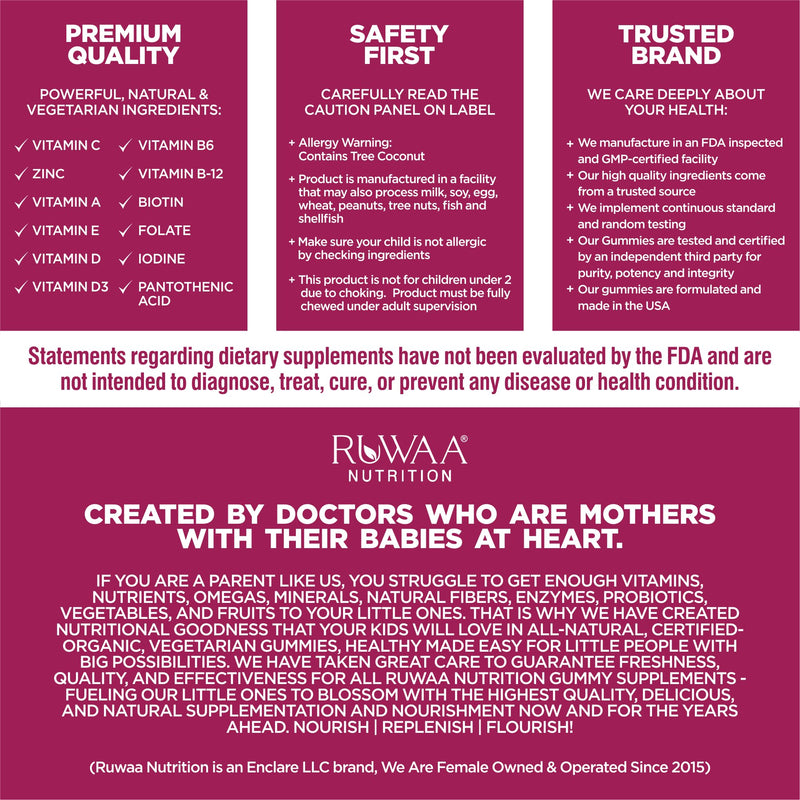 RUWAA NUTRITION Kids Multivitamin Gummies, Gummy Vitamins, Zinc, Vitamin C, D, E, B6, Growth & Immune Support, Chewable, Gluten-Free, Non-GMO, 60 Children's Multivitamins for Kids 3 Fruit Flavors