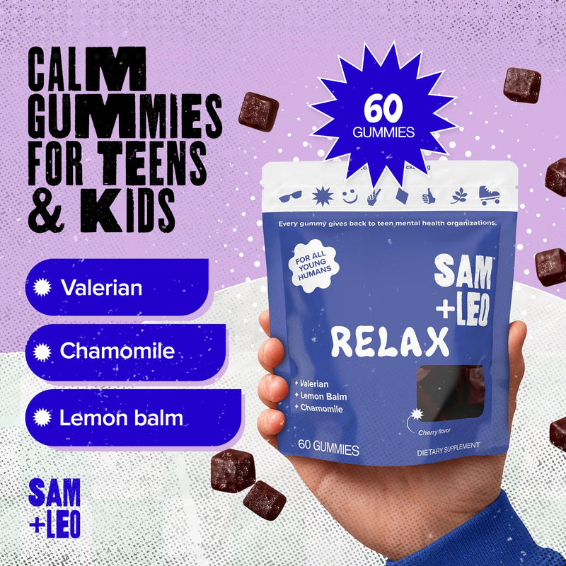 SAM+LEO Relax Gummies for Kids & Teens, Stress Relief, Cherry, 60ct | Valerian, Lemon Balm & Chamomile, vegan, gluten-free calming stress and relaxation gummies, cherry flavor, ages 4+